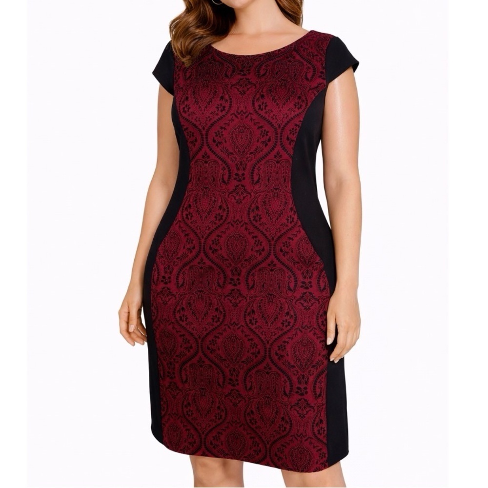 AA Studio wine red and black body con cap sleeve mini dress SZ 8V 29